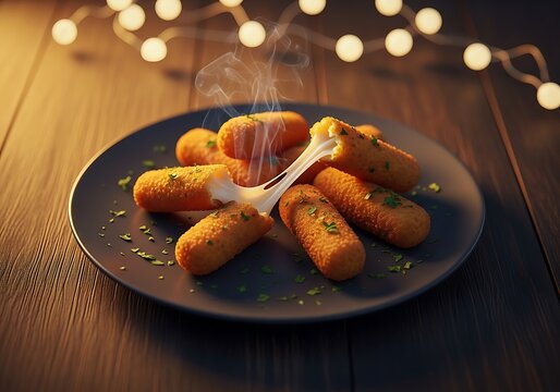 Mozzarella sticks on a plate with melted cheese and herbs on a wooden table with string lights