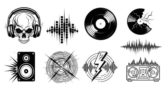 Skull Headphones, Vinyl Record, Speaker, Audio Waveform, DJ Equipment Icons