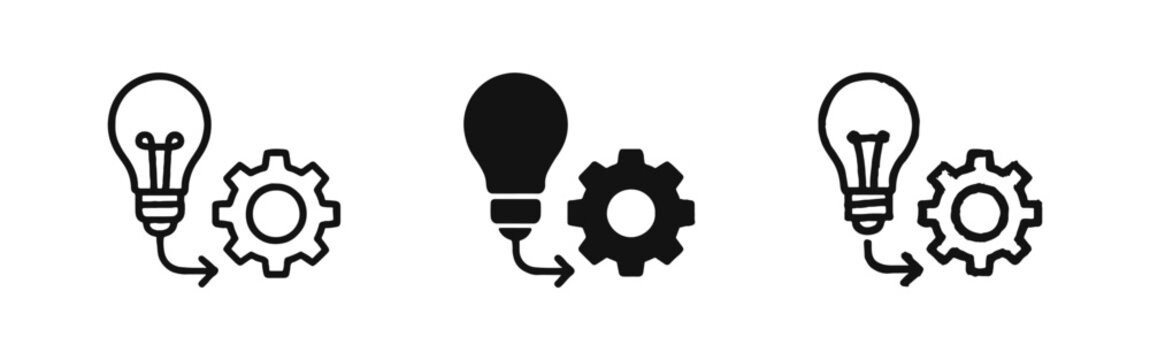 Idea Implementation Icon Set - Light Bulb Arrow to Gear Representing R&D Research and Development Concept