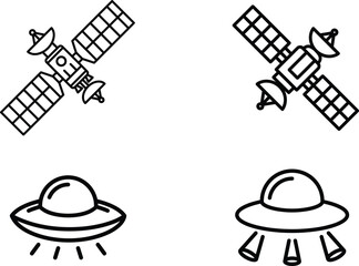 line drawing of satellites and UFOs in space  simple icons © Saidurra12
