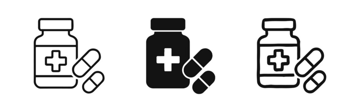 Medical pill bottle and capsules icon set for pharmacy and healthcare