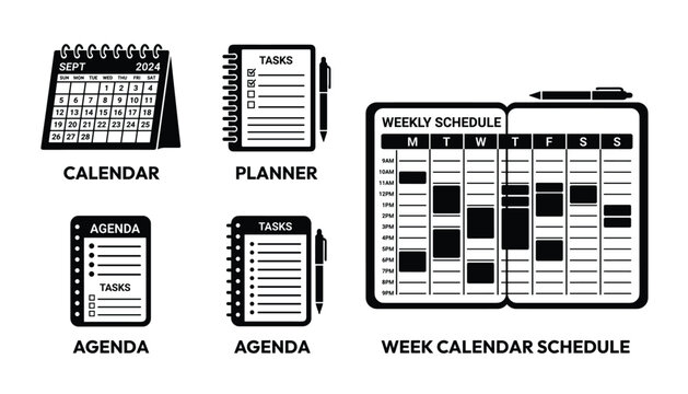 Set of office supplies and planning tools including calendar, planner, agenda, and weekly schedule in vector format with transparent background.