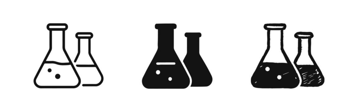 Chemical laboratory flasks icon set for science and chemistry experiments