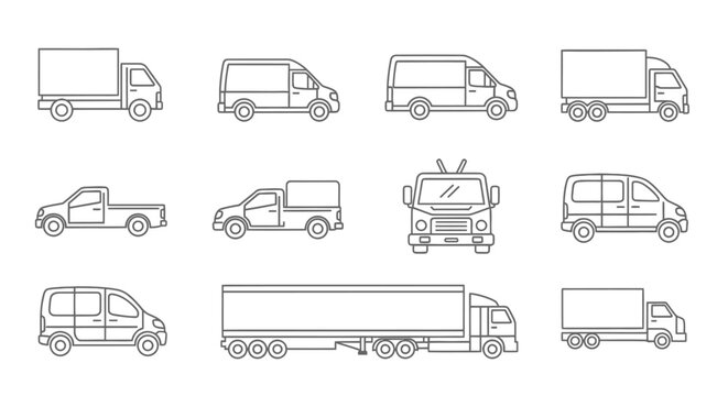 Various delivery trucks and vans outline set, transportation icons