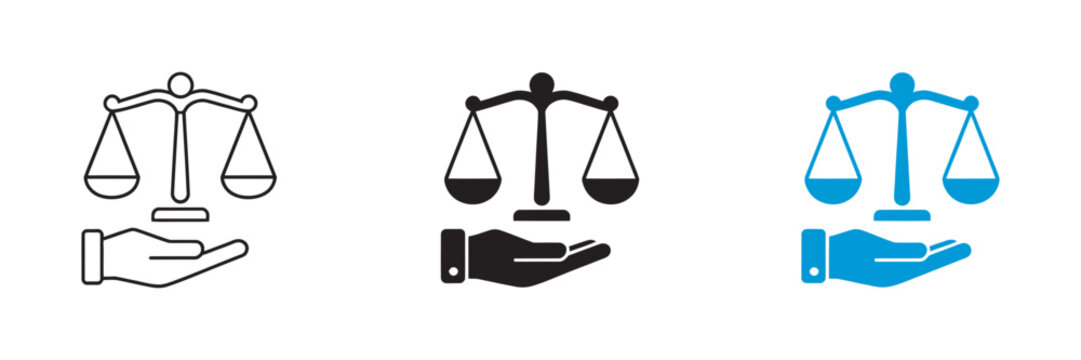Hand holding justice balance scales, law fairness equality symbol, outline silhouette and flat color styles, legal concept design, vector illustration.