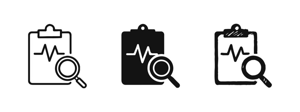 Medical checkup and heart health icon set with clipboard and magnifying glass