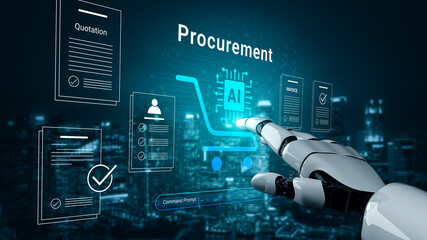 Naklejka premium A robotic hand interacts with a digital procurement interface displaying key business documents against a futuristic city backdrop, highlighting automation and artificial intelligence. Cyphers