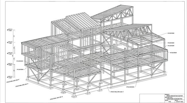 Detailed 3D Structural Building Design with Steel Frame, Floors, and Roof Sections for Construction Planning and Architecture
