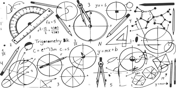 Trigonometry and geometry math educational concept with hand drawn rulers' compasses and formulas vector graphic illustration background.
