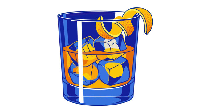 Refreshing Cocktail with Orange Peel and Ice Cubes in Blue Glass