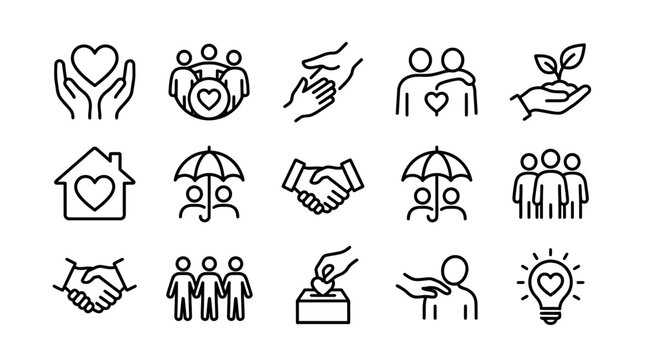 Vector care and compassion icons set, community support symbols, hands holding hearts, teamwork, protection, love vector artwork for social connection, charity, and mental health projects