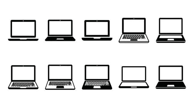 Vector laptop computer illustration collection, black and white designs, modern notebook outlines, technology vector artwork, device variations for digital design, creative projects, and tech branding