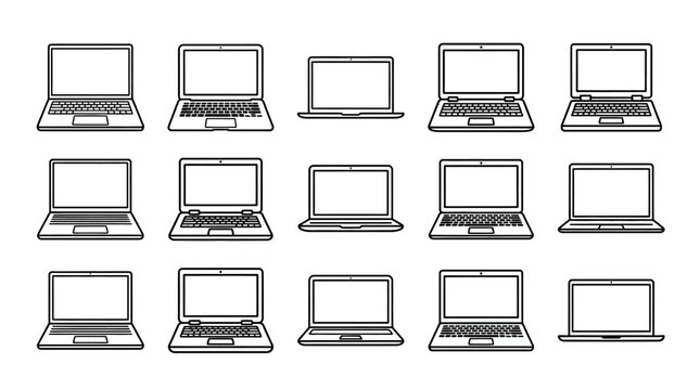 Vector laptop computer illustration collection, black and white designs, modern notebook outlines, technology vector artwork, device variations for digital design, creative projects, and tech branding
