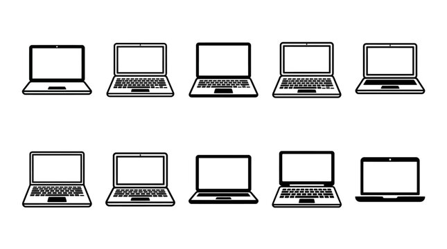 Vector laptop computer illustration collection, black and white designs, modern notebook outlines, technology vector artwork, device variations for digital design, creative projects, and tech branding