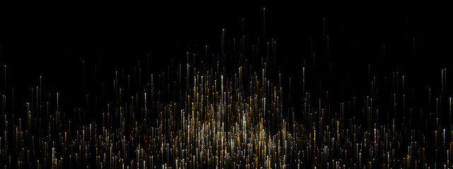 Stunning abstract golden light particles and glowing vertical lines rising upwards on a dark black...