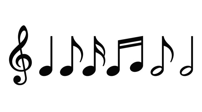 Vector musical notation symbols set, treble clef, quarter note, eighth note, sixteenth note, dotted half note, whole note vector illustration for music design and education projects