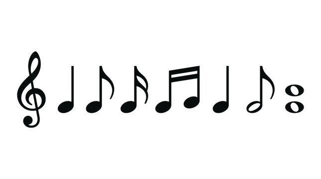 Vector musical notation symbols set, treble clef, quarter note, eighth note, sixteenth note, dotted half note, whole note vector illustration for music design and education projects