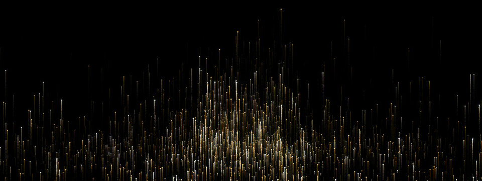 Stunning abstract golden light particles and glowing vertical lines rising upwards on a dark black background. Perfect for luxury, technology, data visualization, and celebratory concepts