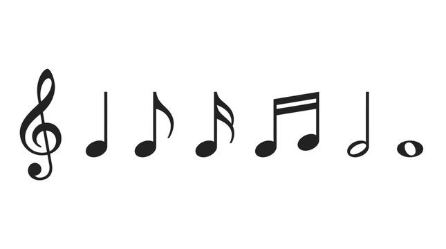 Vector musical notation symbols set, treble clef, quarter note, eighth note, sixteenth note, dotted half note, whole note vector illustration for music design and education projects