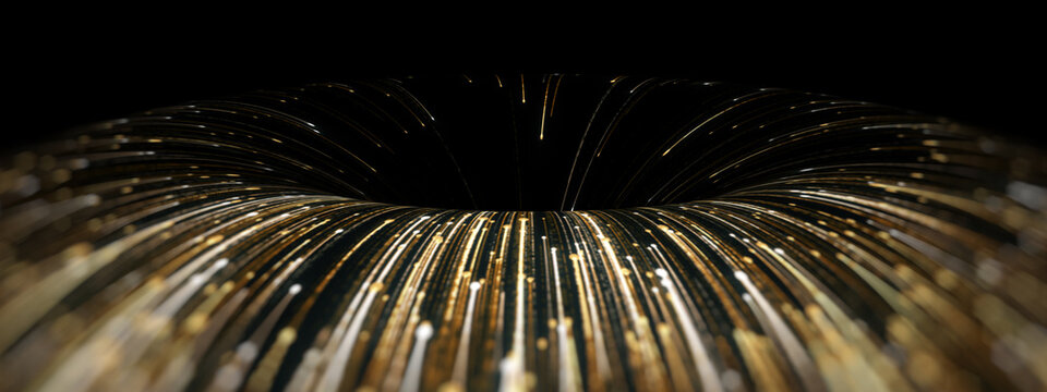 Abstract Golden Light Trails Spiraling into Black Hole.