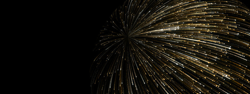Abstract golden light particles exploding in a spherical motion on a black background. Ideal for global network, big data, energy burst, and luxury tech concepts with copy space.
