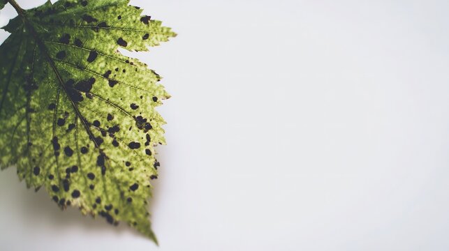 Microscopic view of green decaying leaf with ominous black lesions, sterile white backdrop emphasizing health versus decay