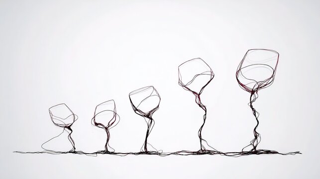 Artistic sequence of wine glasses becoming more delicate with each decade marker, reflecting the fine choice between enjoyment and longevity