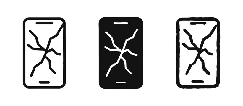 Broken Smartphone Icon Set - Mobile Phone with Cracked Screen Symbol