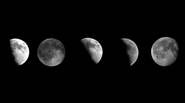 Five moon phases blending art and science: libration, viewing angle, spectral reflectance, lunar dust optics