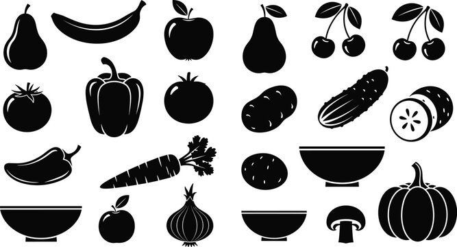 Large collection of black fruit and vegetable silhouettes featuring apple banana carrot tomato and pepper icons for healthy eating nutrition organic farming and grocery market design concepts.