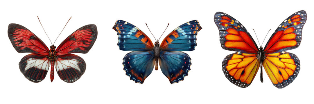 Set of Heliconius butterfly resting with wings fully spread on transparent png background. Ai generated