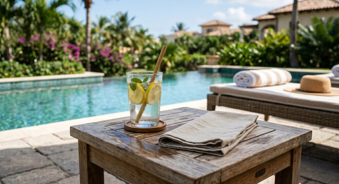 Poolside table spa mood with poolside table, book, drink, towels and blue pool