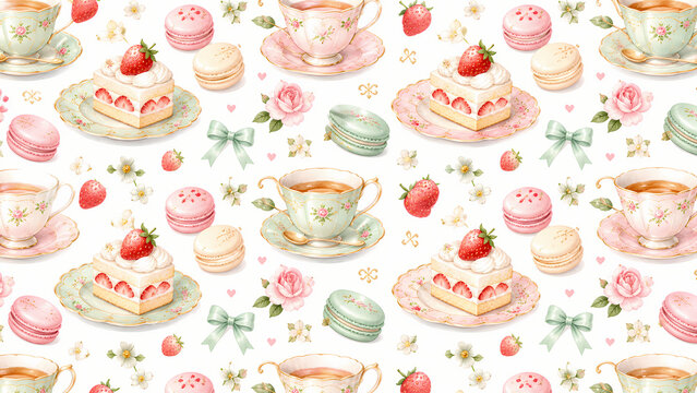 Seamless watercolor afternoon tea party pattern with vintage teacups, strawberry cakes, macarons, and roses.