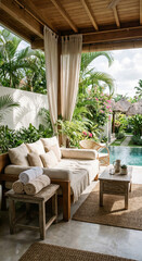 Fototapeta premium Spa terrace mood with spa terrace chairs, tropical garden and shaded outdoor lounge