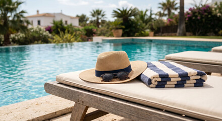 Obraz premium Pool lounger spa mood with pool lounger, sun hat, towel and sparkling blue pool