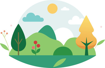 Obraz premium Spring landscape with trees and flowers flat vector art illustration