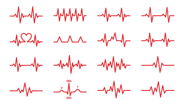 Heartbeat line collection various medical electrocardiogram ecg waveforms with heart symbol and qrs labels on transparent background vector graphic illustration.