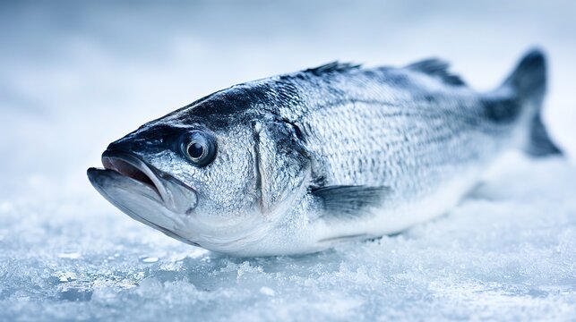 Fresh sea bass close-up on ice slab with glistening scales, cool blue tones, directional lighting for professional food styling