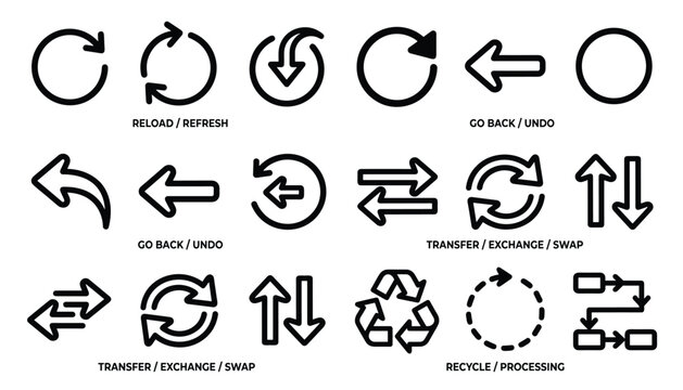 Black arrow and circle icon collection for reload refresh go back undo transfer exchange swap recycle processing circular and straight arrow symbols transparent background vector graphic illustration.