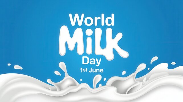 World Milk Day banner with milk splash on blue background, 1st June
