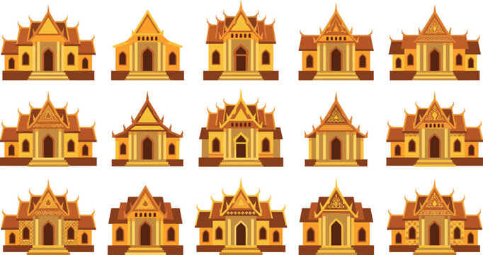 Thai Temple Icon Vector Set with Traditional Buddhist Architecture Buildings Collection Golden Ornamental Religious Structures Flat Design Isolated on White Background