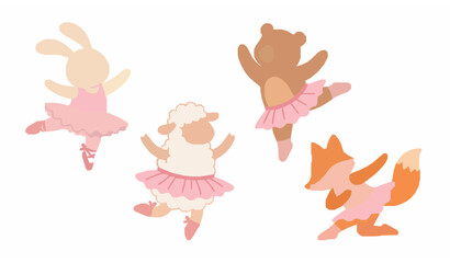 Minimal Cute Animal Ballet Dancers Flat Vector Illustration Set for Children © MstBrishti
