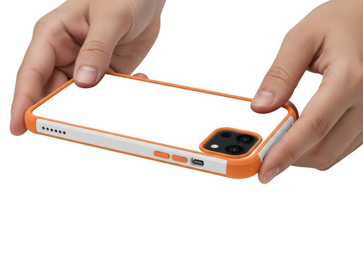 Hands measuring a breadboard with a smartphone for scale reference isolated on transparent background