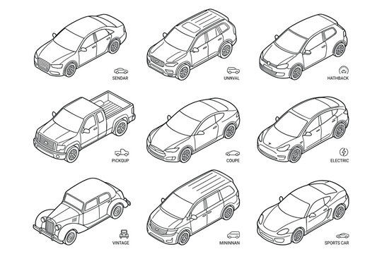 Isometric vector illustration of various car types on transparent background.