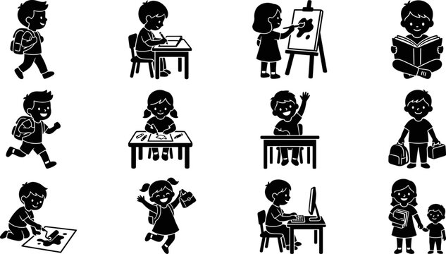 Black silhouettes of children engaged in various school activities and hobbies