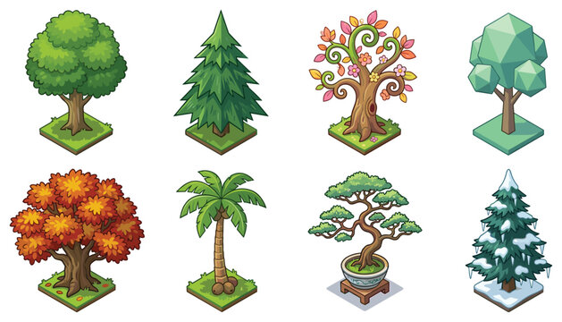 Vector isometric illustration of colorful cartoon trees and plants on transparent backgrounds.