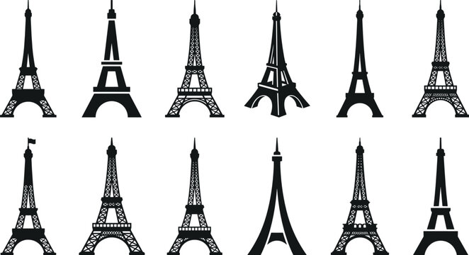 Eiffel Tower Silhouette Icon Set with Various Architectural Styles and Perspectives for Paris Travel Branding, French Tourism Logos, and European Landmark Graphic Designs