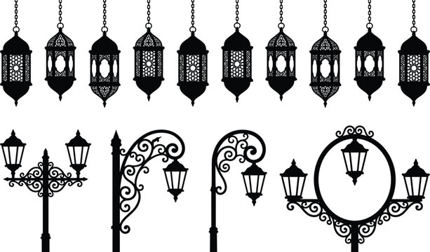 Set of traditional Arabic lanterns and vintage street lamp silhouettes for Islamic holidays, Ramadan Kareem, and decorative lighting design.