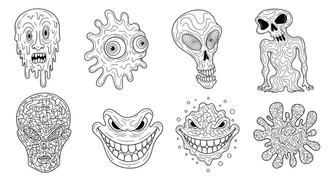 Grotesque Monster Faces Collection: Cartoonish, Spooky, and Weird Characters
