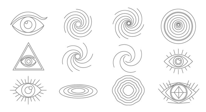 Esoteric Symbols: Eyes, Spirals, Triangle, Abstract Geometric Shapes Line Art